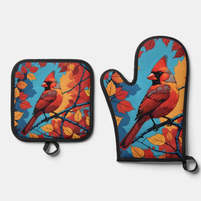 Cardinal in Autumn Oven Mitt & Pot Holder Set (Front)