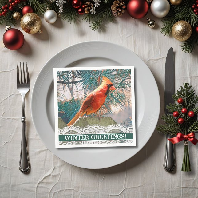 Cardinal in Front of Pine Tree Winter Napkin (A red cardinal and  pine tree make a lovely custom cocktail napkin for your Christmas party.)
