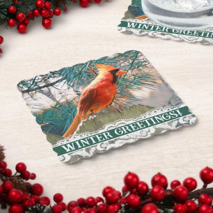 Cardinal in Front of Pine Tree Winter Paper Coaster