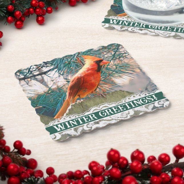 Cardinal in Front of Pine Tree Winter Paper Coaster (This paper coaster for your winter gathering features a beautiful red bird against a pine tree.)
