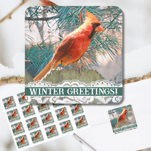 Cardinal in Front of Pine Tree Winter Seal