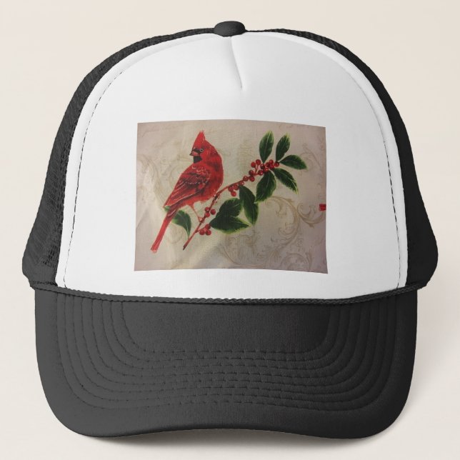 Cardinal in Holly Bush Trucker Hat (Front)