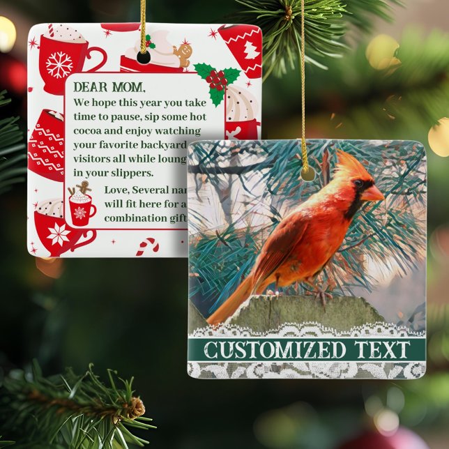 Cardinal in Pine Tree Rustic Christmas Ornament (A pretty ceramic cardinal square ornament with custom text on the back is personal and unique.)