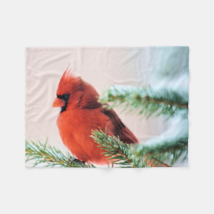Cardinal in Snow Dusted Fir Tree Fleece Blanket