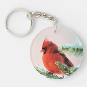Cardinal in Snow Dusted Fir Tree Key Ring