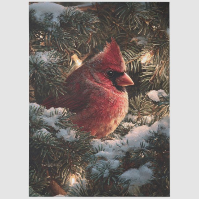 Cardinal in Snowy Pine Decoupage Tissue Paper (Front)