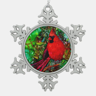 Cardinal In the Tree Snowflake Pewter Christmas Ornament