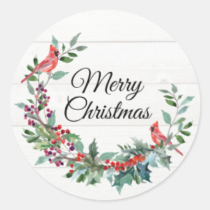 Cardinal Merry Christmas Watercolor Wreath Classic Round Sticker