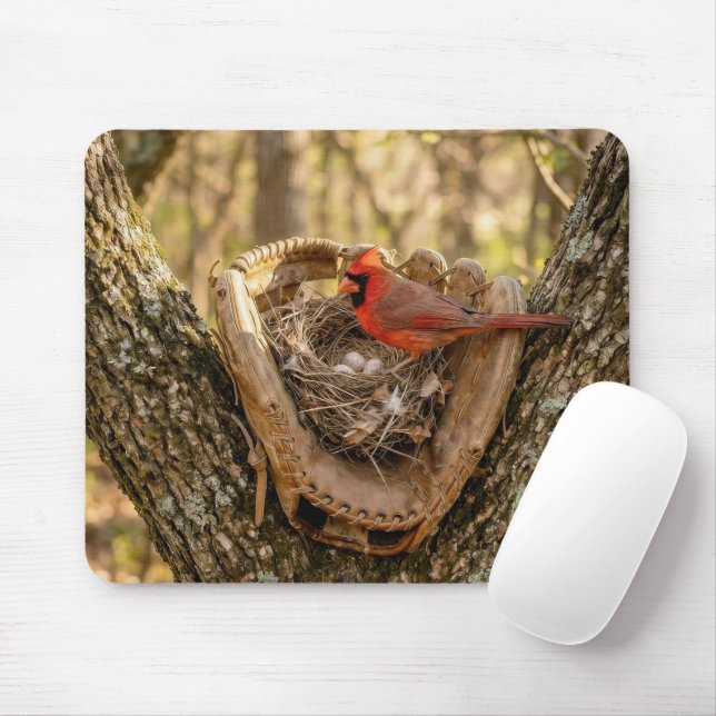 Cardinal Nest in a Baseball Glove Mouse Mat (With Mouse)