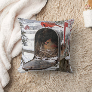 Cardinal Nest in a Snowy Mailbox Cushion