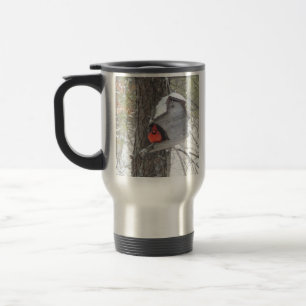 Cardinal on a bird feeder travel mug