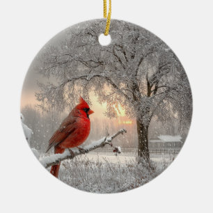 Cardinal On a Snowy Branch Ceramic Circle Ornament