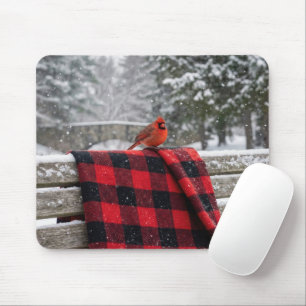 Cardinal On a Snowy Plaid Blanket Mouse Mat