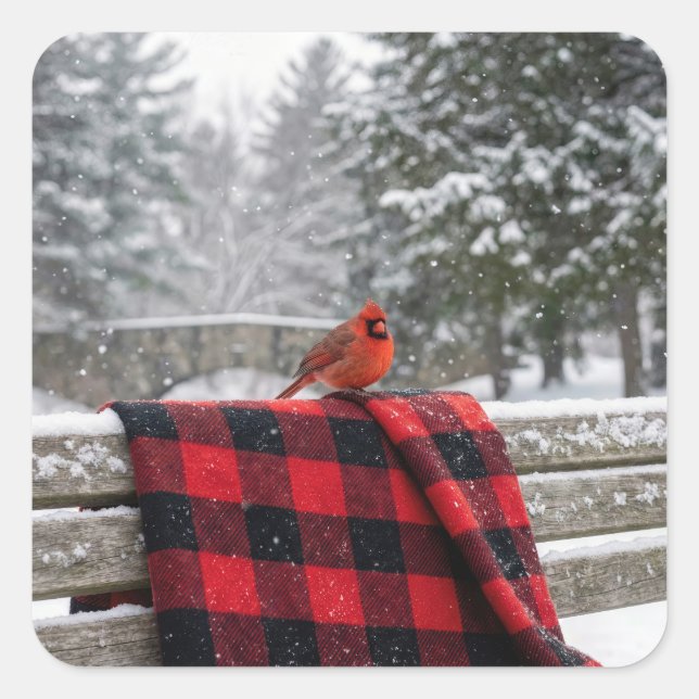 Cardinal On a Snowy Plaid Blanket Square Sticker (Front)