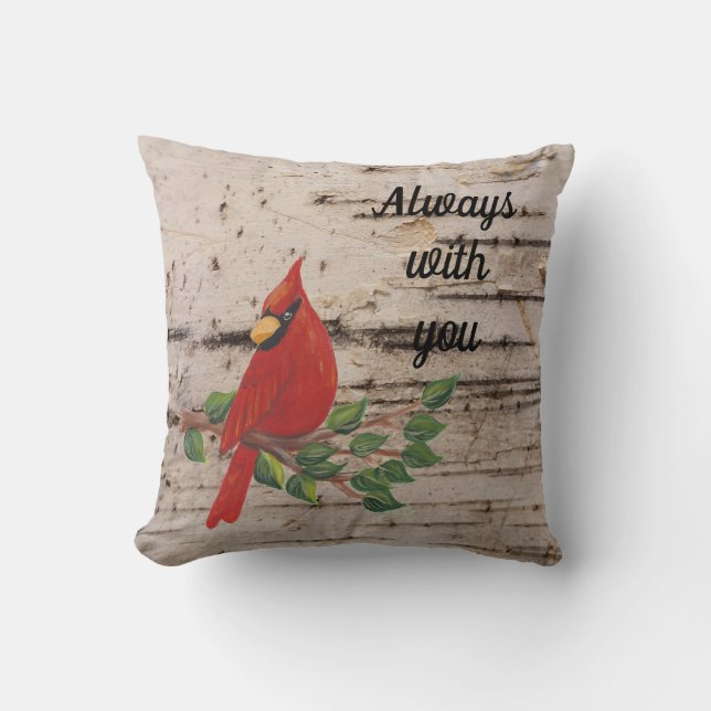 Cardinal on Birch Bark, sympathy saying Cushion (Front)