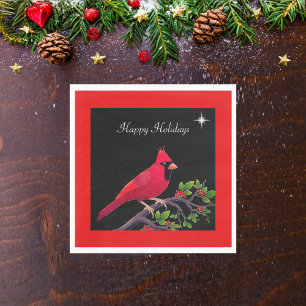 Cardinal on Black and Red Holiday Napkin