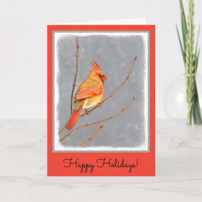 Cardinal on Branch Painting - Original Bird Art Holiday Card (Front)