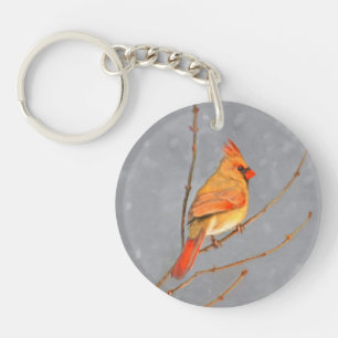 Cardinal on Branch Painting - Original Bird Art Key Ring