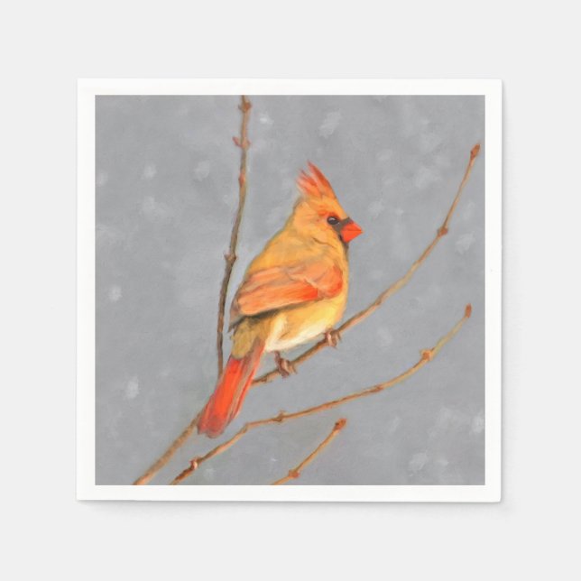 Cardinal on Branch Painting - Original Bird Art Napkin (Front)