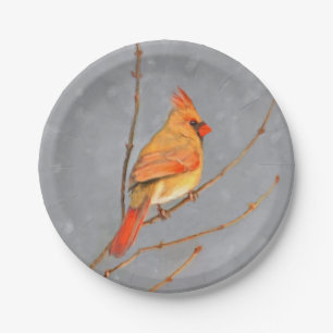 Cardinal on Branch Painting - Original Bird Art Paper Plate
