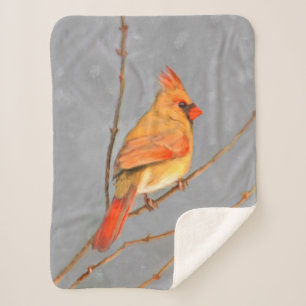 Cardinal on Branch Painting - Original Bird Art Sherpa Blanket