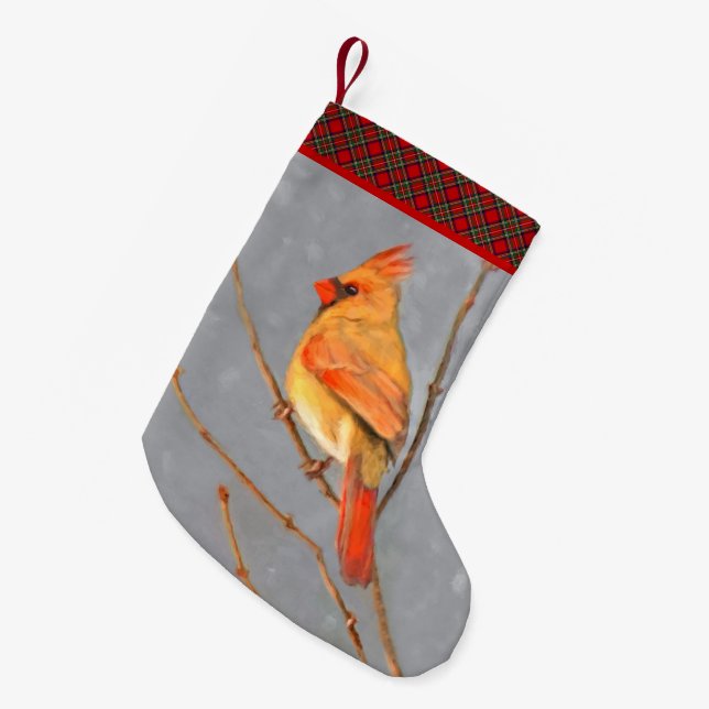 Cardinal on Branch Painting - Original Bird Art Small Christmas Stocking (Front (Hanging))