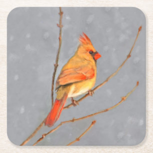 Cardinal on Branch Painting - Original Bird Art Square Paper Coaster