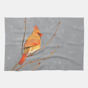 Cardinal on Branch Painting - Original Bird Art Tea Towel
