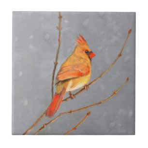 Cardinal on Branch Painting - Original Bird Art Tile