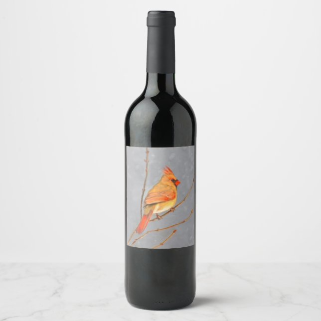 Cardinal on Branch Painting - Original Bird Art Wine Label (Front)