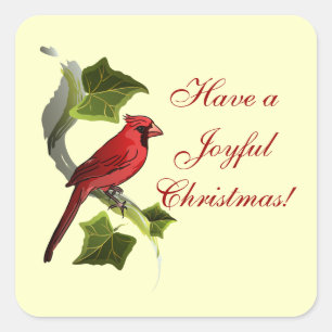 Cardinal on Branch with Ivy Leaves Christmas Square Sticker