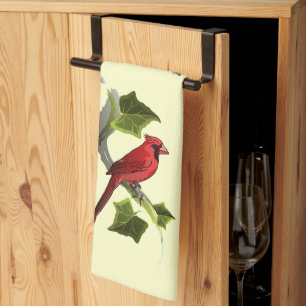 Cardinal on Branch with Ivy Leaves Tea Towel