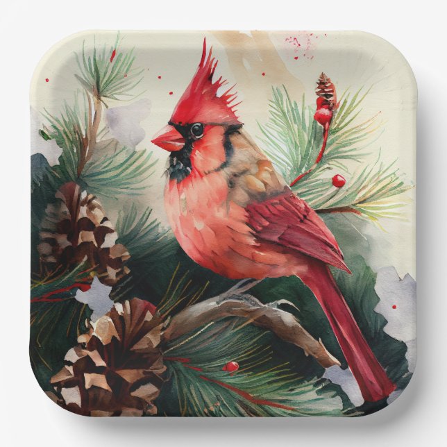Cardinal on Evergreen in Christmas Winter Scene Paper Plate (Front)