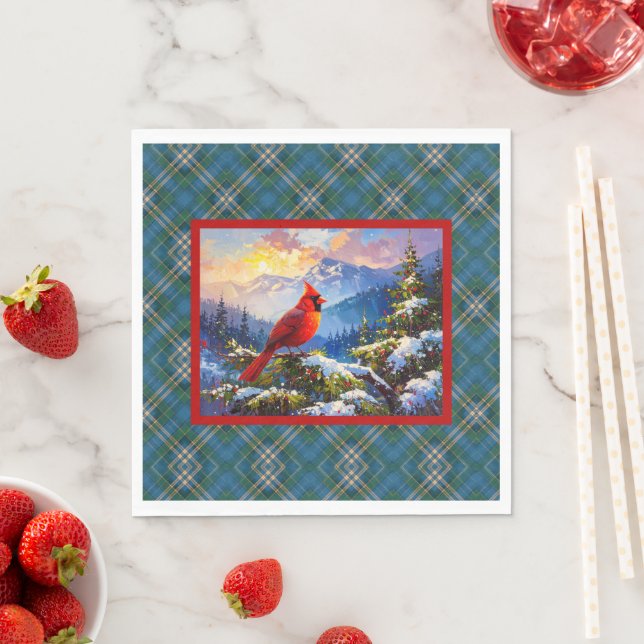 Cardinal on Green, Blue, Gold, Christmas Plaid Napkin (Insitu)