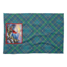 Cardinal on Green, Blue, Gold, Christmas Plaid