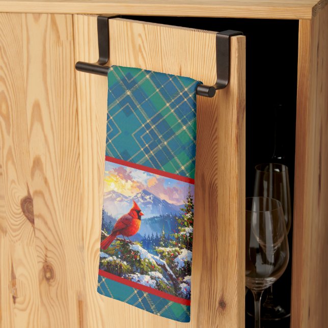 Cardinal on Green, Blue, Gold, Christmas Plaid Tea Towel (Thirds Fold)