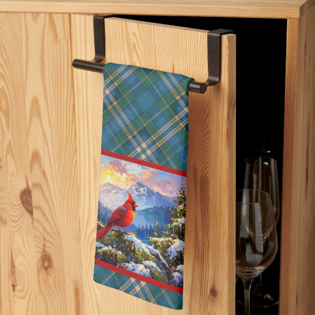 Cardinal on Green, Blue, Gold, Christmas Plaid Tea Towel (Thirds Fold)