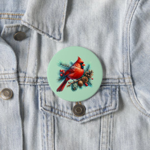 Cardinal on Pine Branch with Winter Berries 7.5 Cm Round Badge