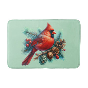 Cardinal on Pine Branch with Winter Berries Bath Mat