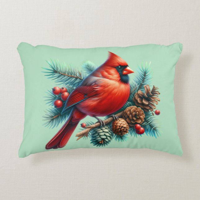 Cardinal on Pine Branch with Winter Berries Decorative Cushion (Front)
