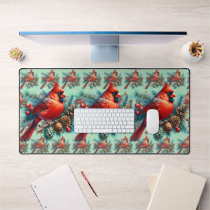 Cardinal on Pine Branch with Winter Berries Desk Mat