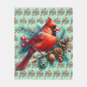 Cardinal on Pine Branch with Winter Berries Fleece Blanket