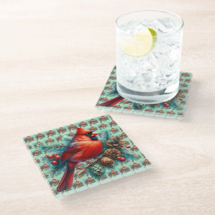 Cardinal on Pine Branch with Winter Berries Glass Coaster