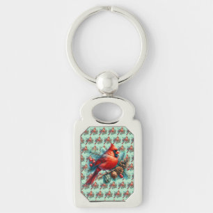 Cardinal on Pine Branch with Winter Berries Key Ring