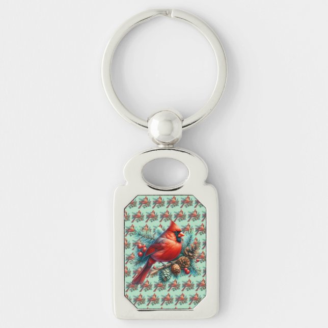 Cardinal on Pine Branch with Winter Berries Key Ring (Front)