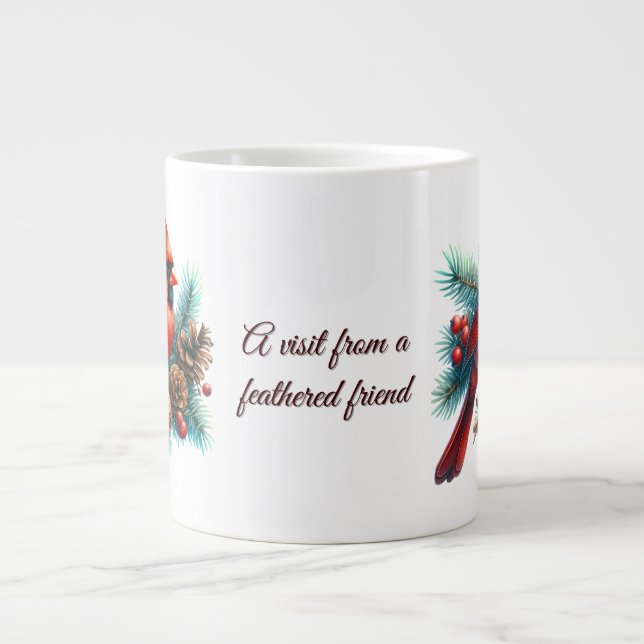 Cardinal on Pine Branch with Winter Berries Large Coffee Mug (Front)