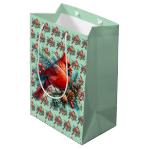 Cardinal on Pine Branch with Winter Berries Medium Gift Bag