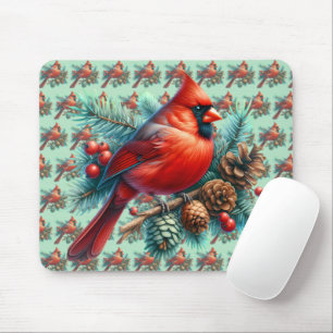 Cardinal on Pine Branch with Winter Berries Mouse Mat