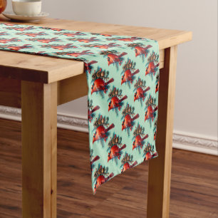 Cardinal on Pine Branch with Winter Berries Short Table Runner
