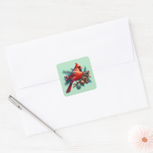 Cardinal on Pine Branch with Winter Berries Square Sticker (Envelope)